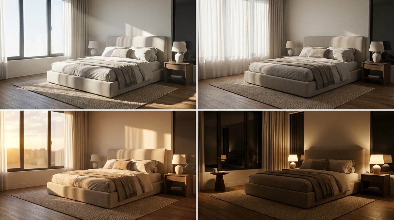 Four-panel image showing same bedroom in morning, afternoon, sunset, and evening lighting