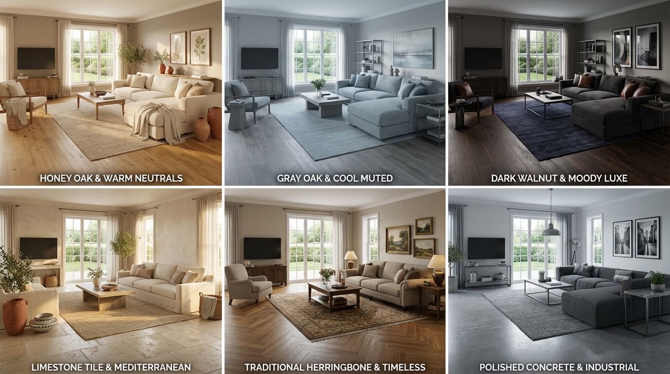 Grid showing same living room with different flooring and color palette variations