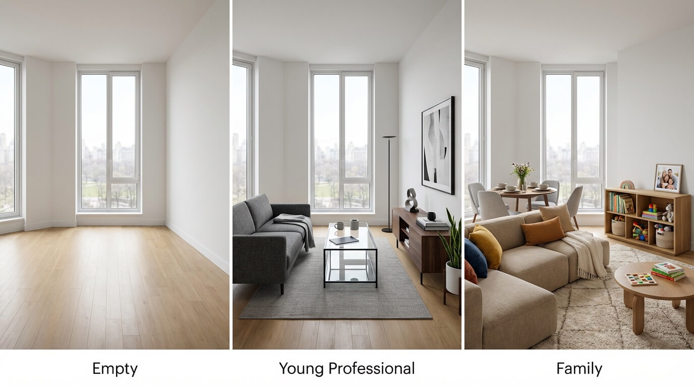Real estate listing transformation showing empty apartment staged for different buyer demographics