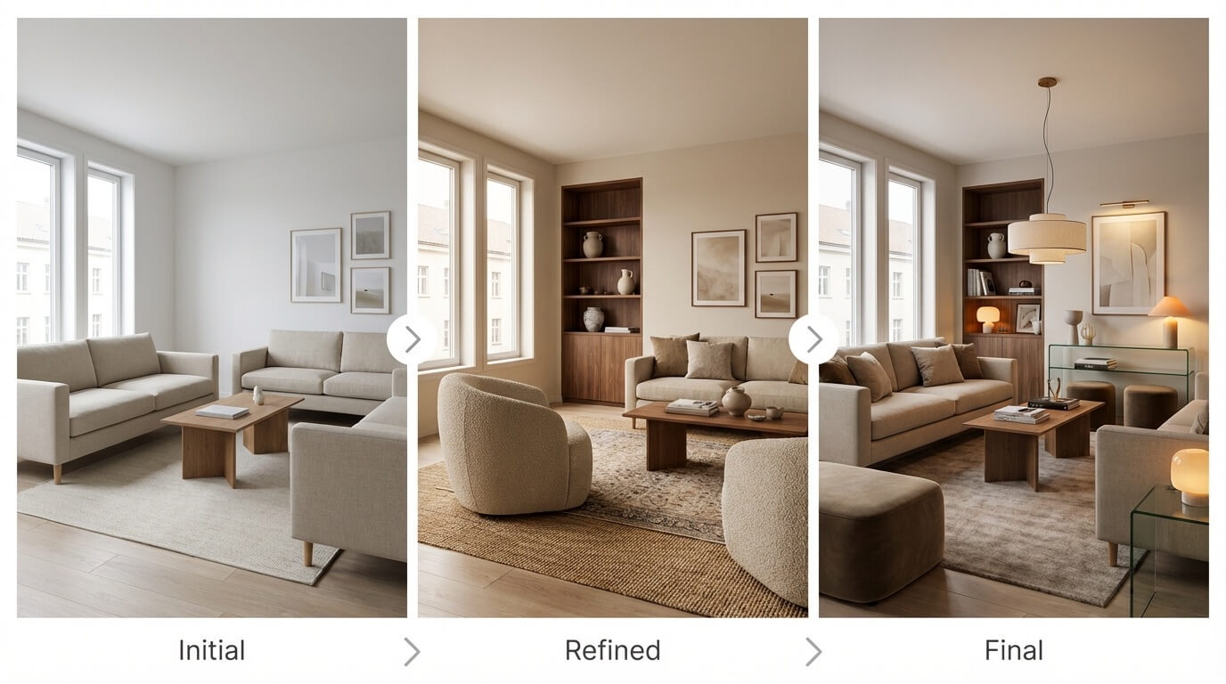 Before and after showing iterative refinement of a living room concept