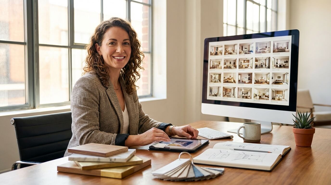 Designer reviewing multiple AI-generated room concepts on screen with satisfied expression