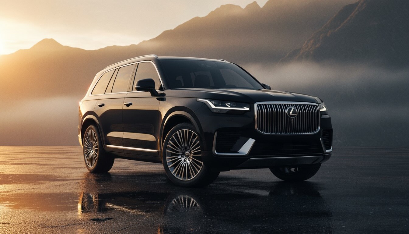 Luxury SUV hero shot with dramatic lighting and mountain backdrop