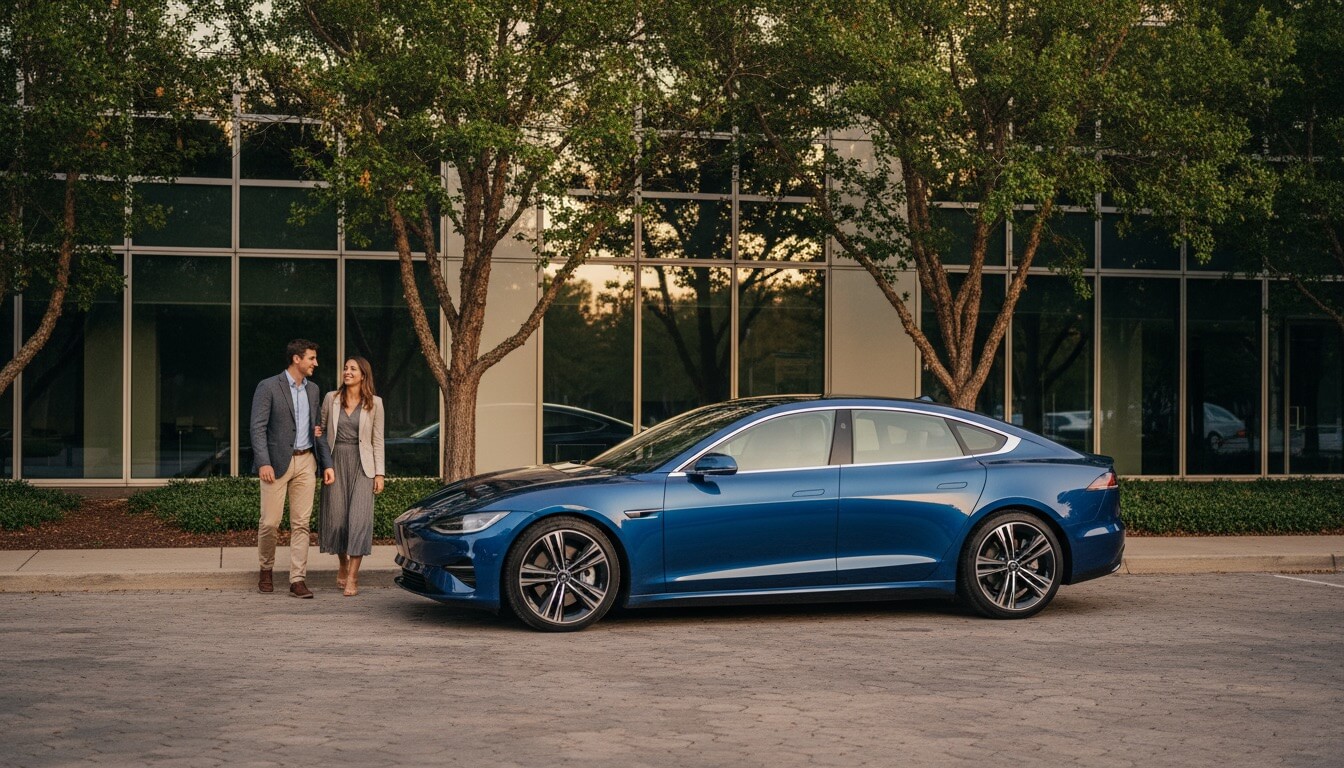 Modern sedan in contemporary urban environment with lifestyle context