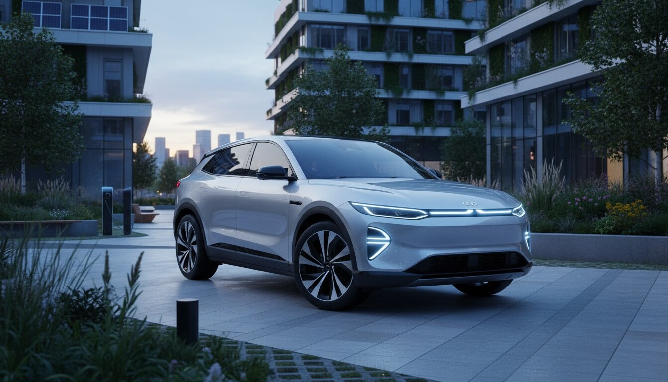 Electric crossover hero image with sustainable urban environment