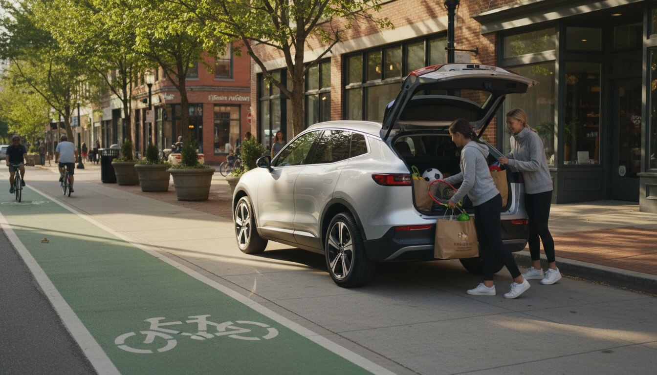 Electric crossover in city environment showing practical daily use