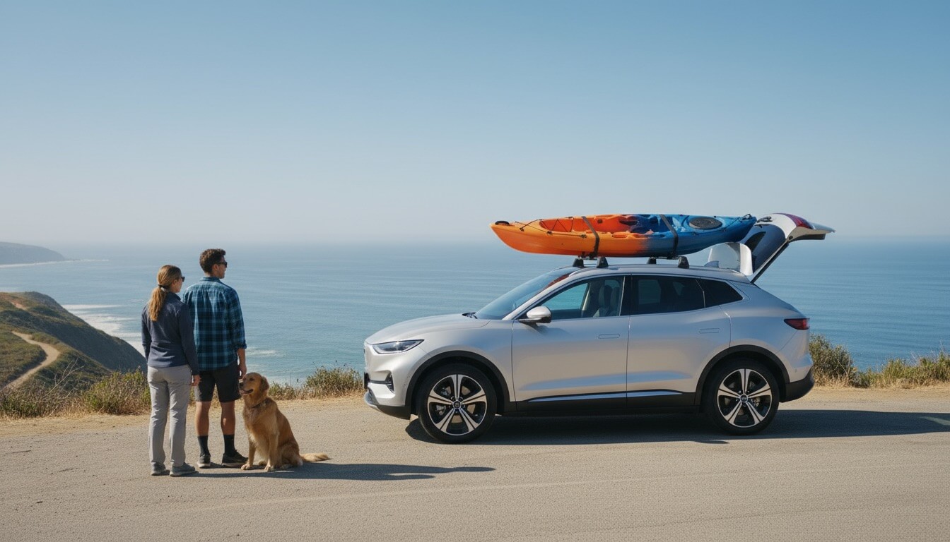 Electric crossover at scenic overlook demonstrating range and versatility