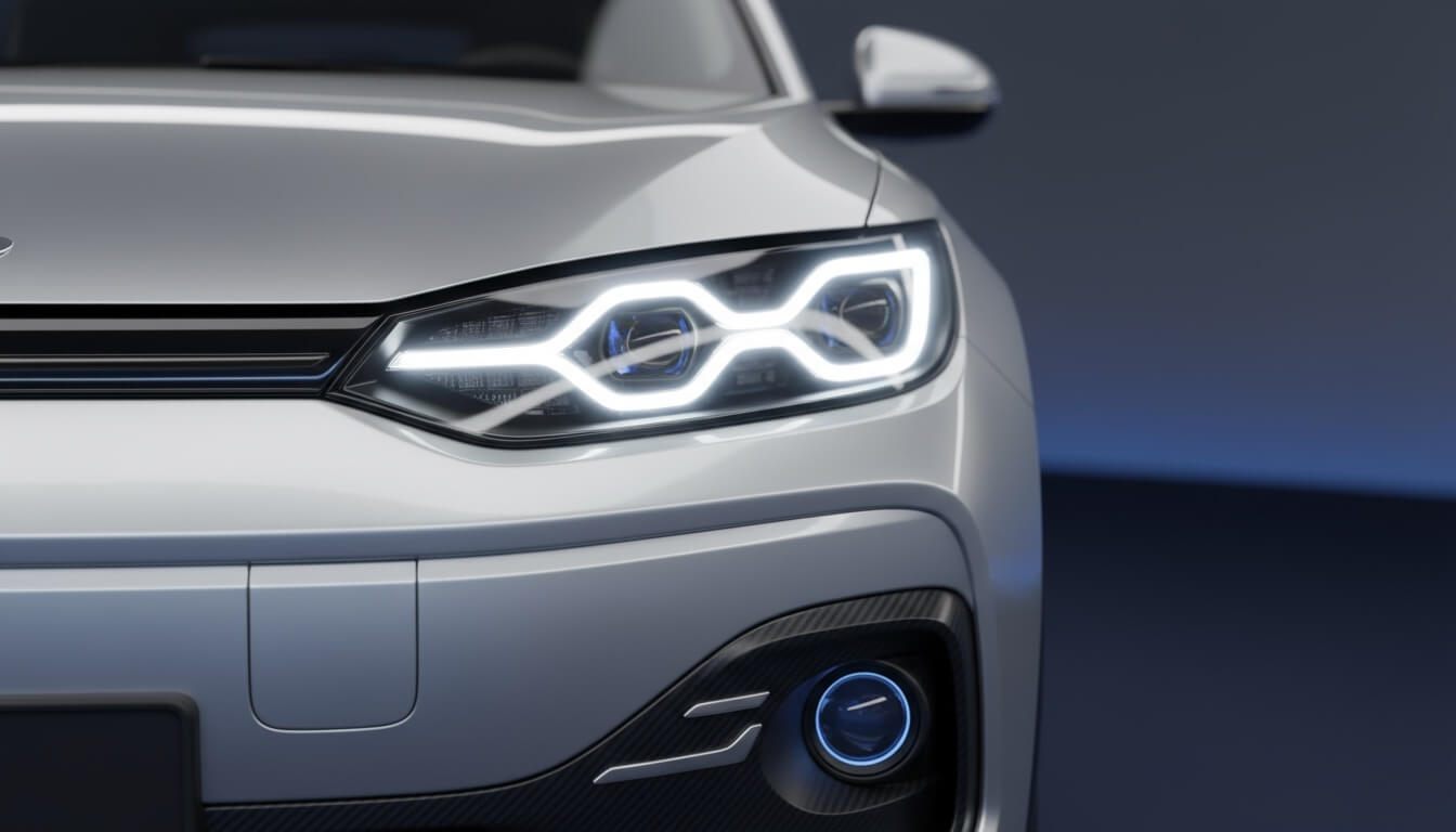 Close-up of distinctive LED headlight and front fascia design