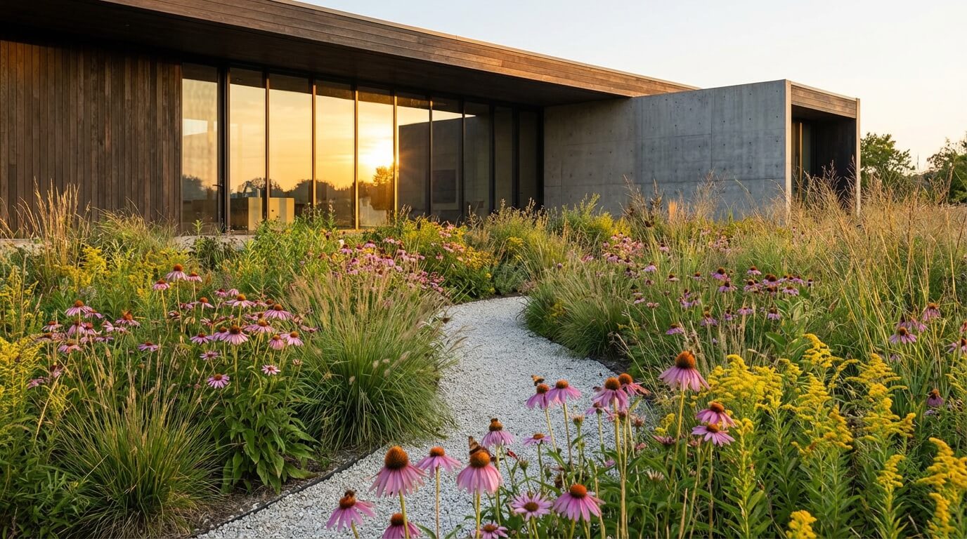 Contemporary home with wild meadow garden replacing traditional lawn