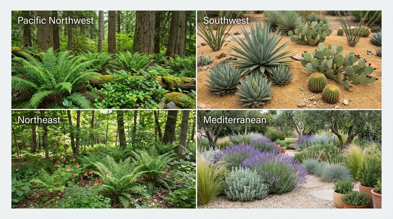 Four-panel comparison showing regional wild garden styles