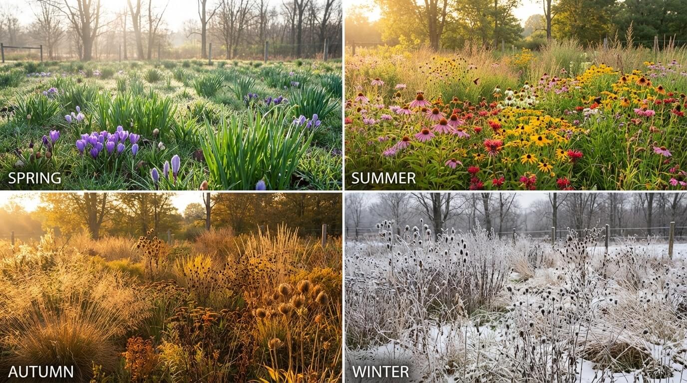 Four-season progression of a wild meadow garden