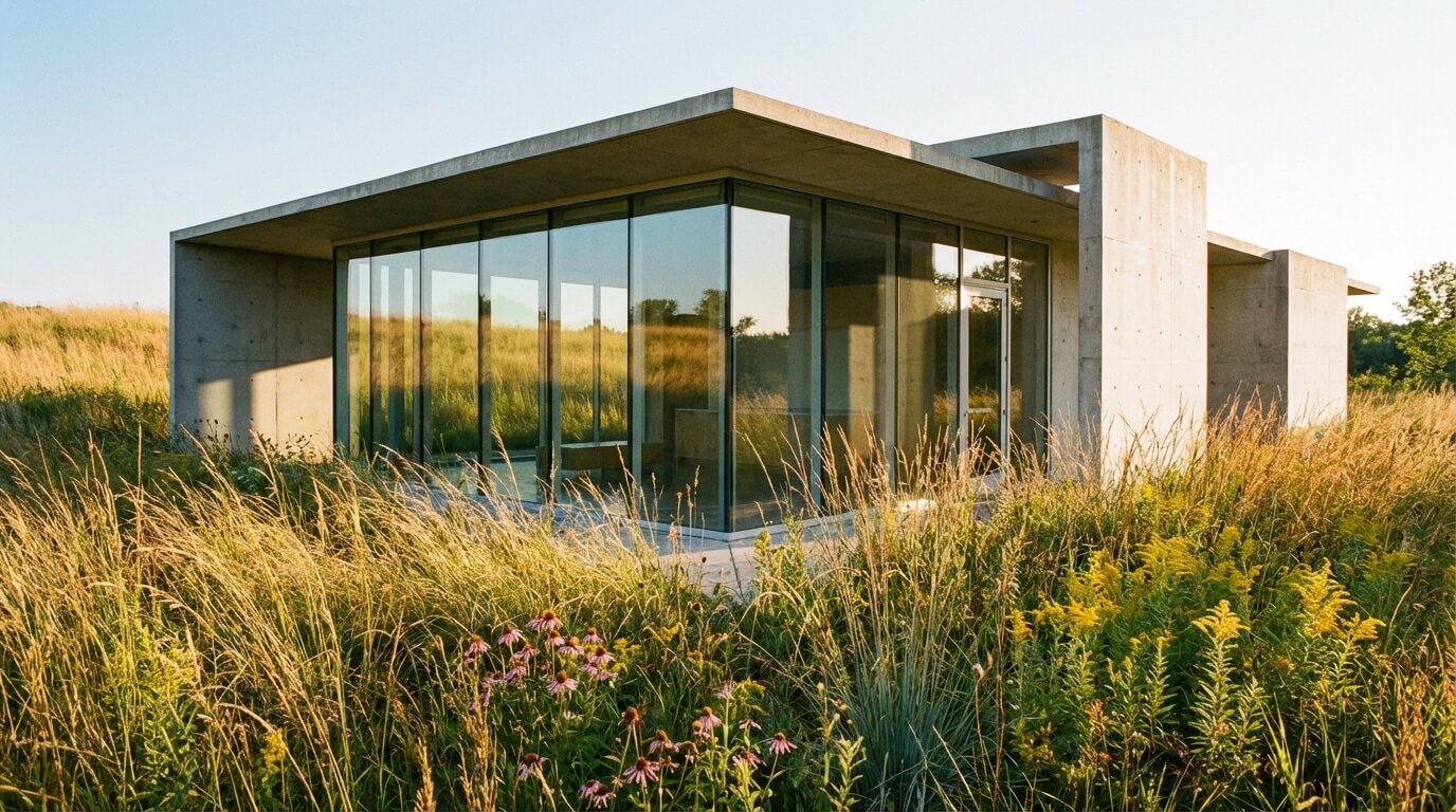 Modern architecture integrated with wild meadow planting