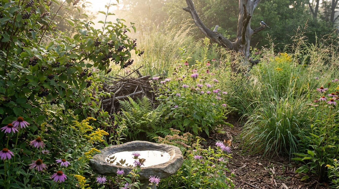 Wildlife-friendly garden with native plantings and habitat features