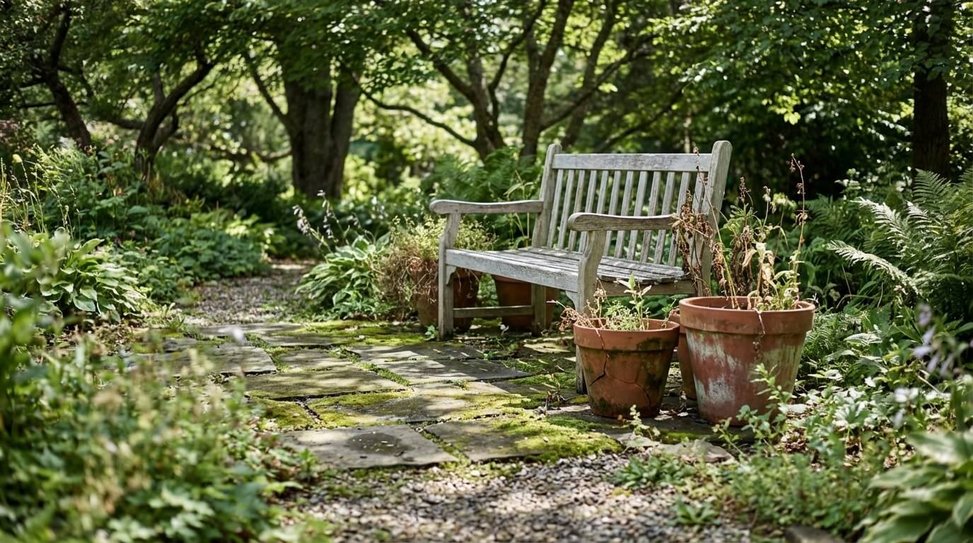 Garden detail showing weathered elements and natural patina