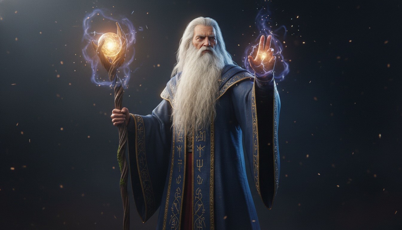 Fantasy mage character with magical effects