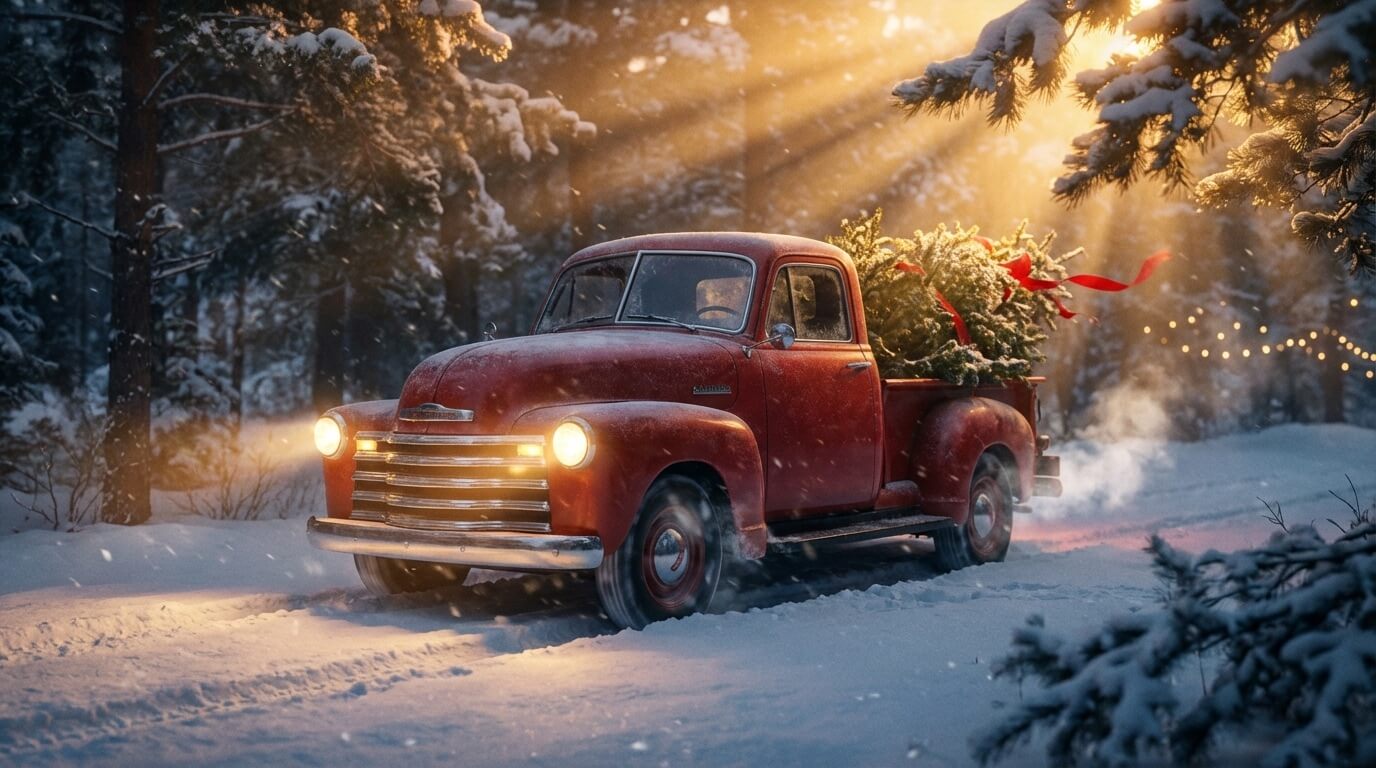 Classic red vintage truck carrying Christmas tree through snowy forest