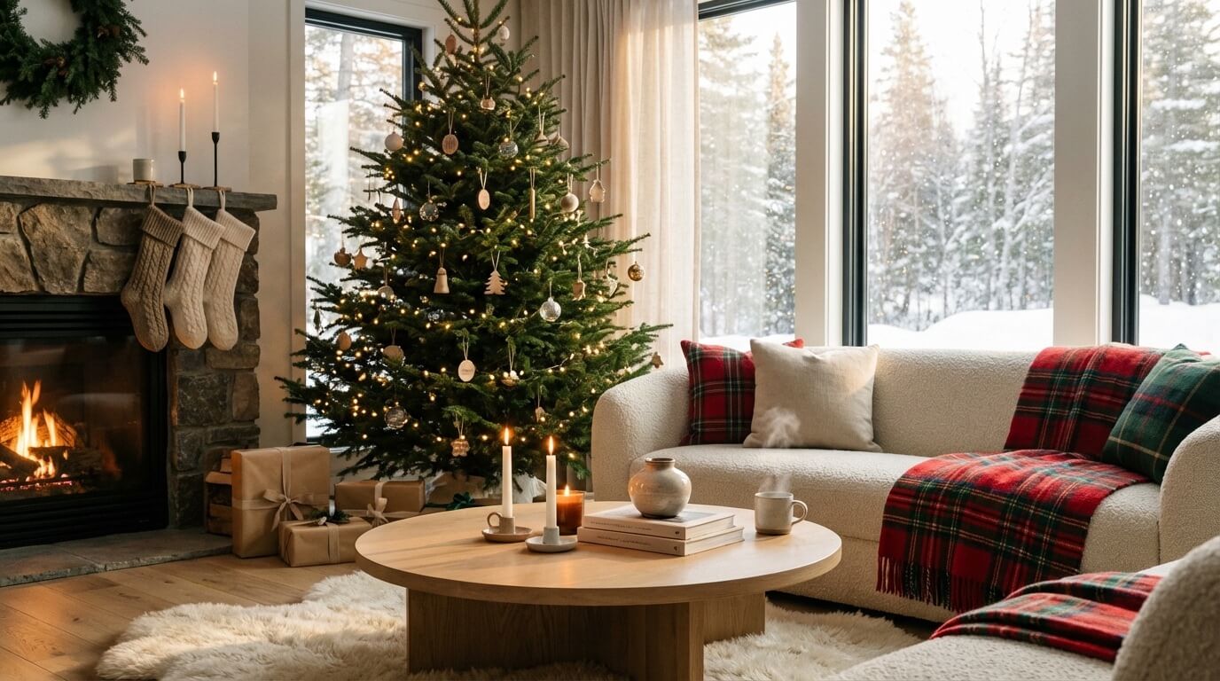 Scandinavian living room decorated for Christmas with tree and fireplace