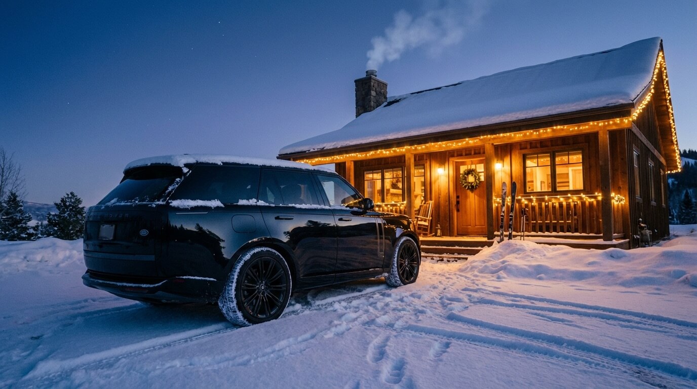 Luxury SUV parked outside decorated cabin in snowy mountains