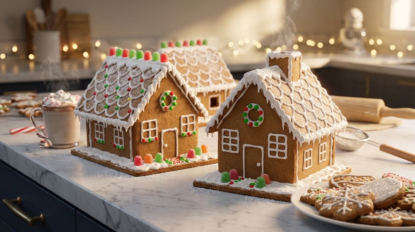 Elaborate gingerbread house village with hot cocoa and cookies