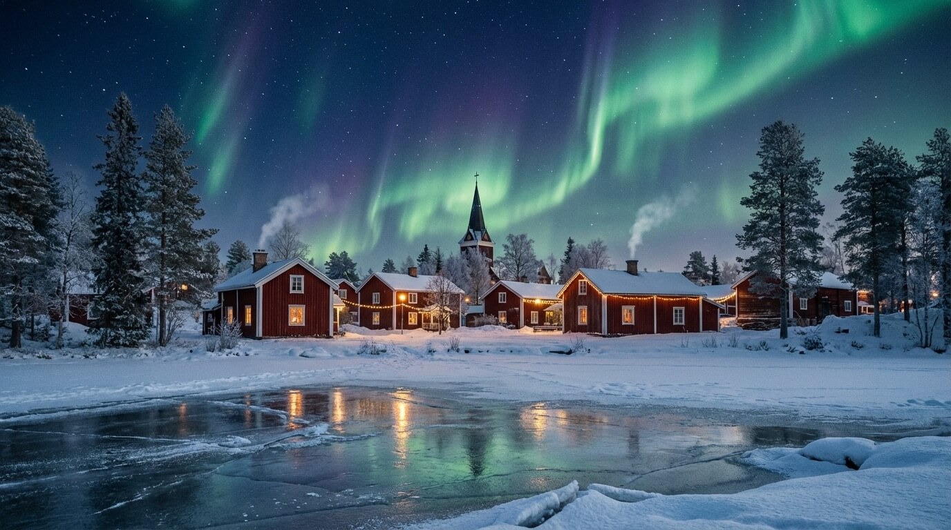 Northern lights over snowy village with Christmas decorations