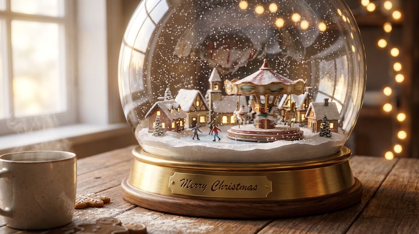 Miniature Christmas world inside snow globe with tiny village
