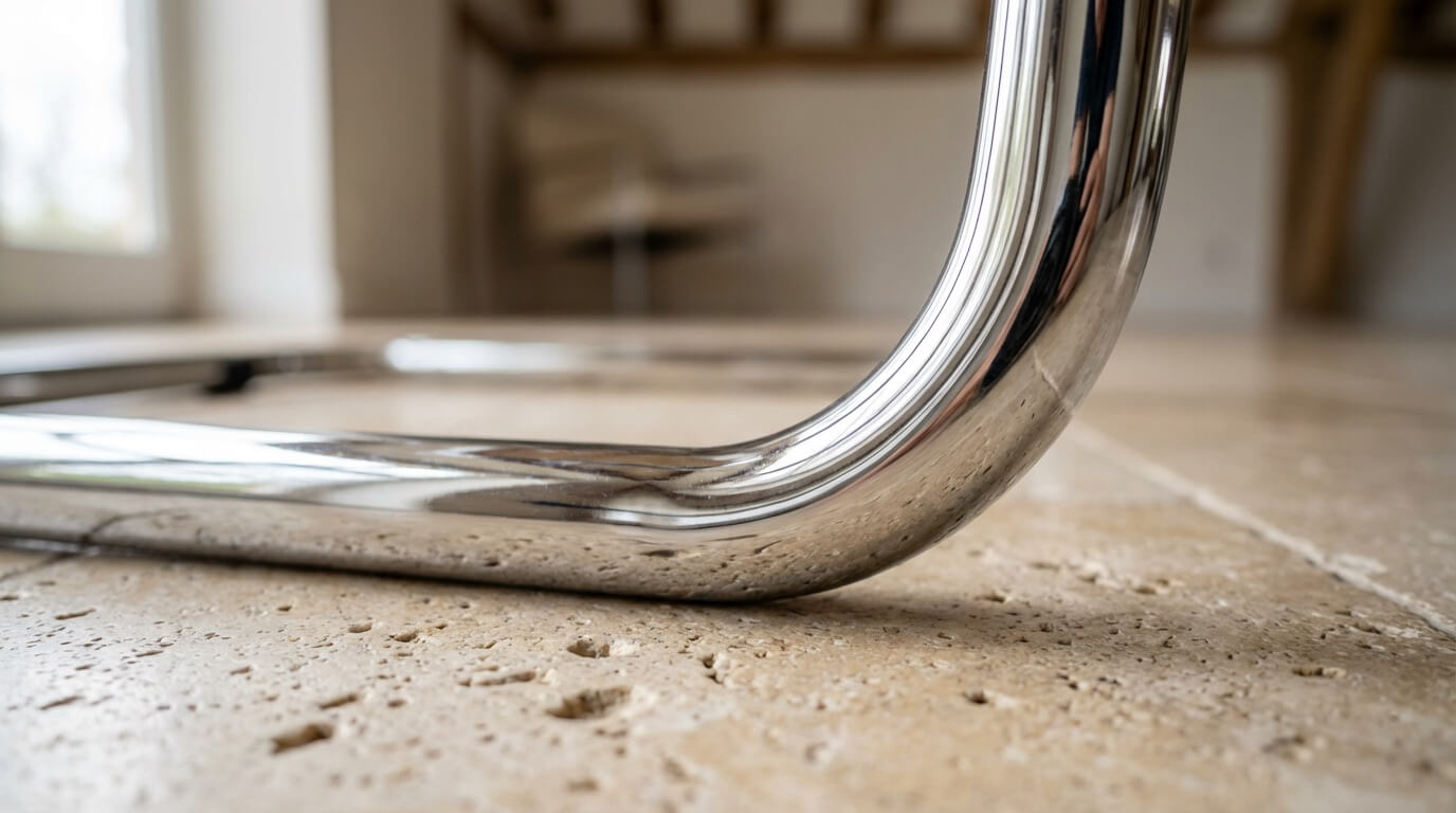 Close-up of polished chrome chair detail against stone floor