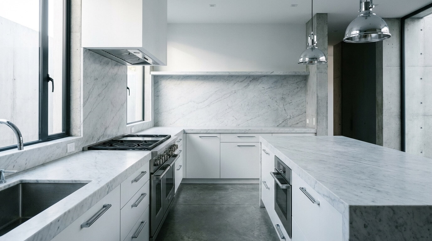 Kitchen featuring honed marble surfaces and chrome fixtures