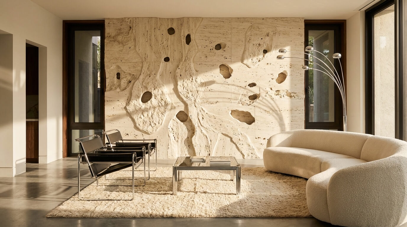 Neo-Brutalist living room with travertine wall and chrome furniture