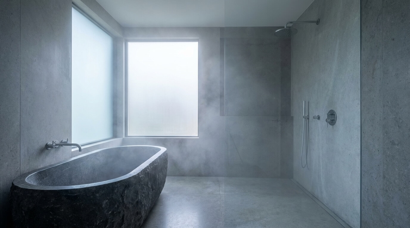 Luxurious bathroom with limestone walls and chrome fixtures