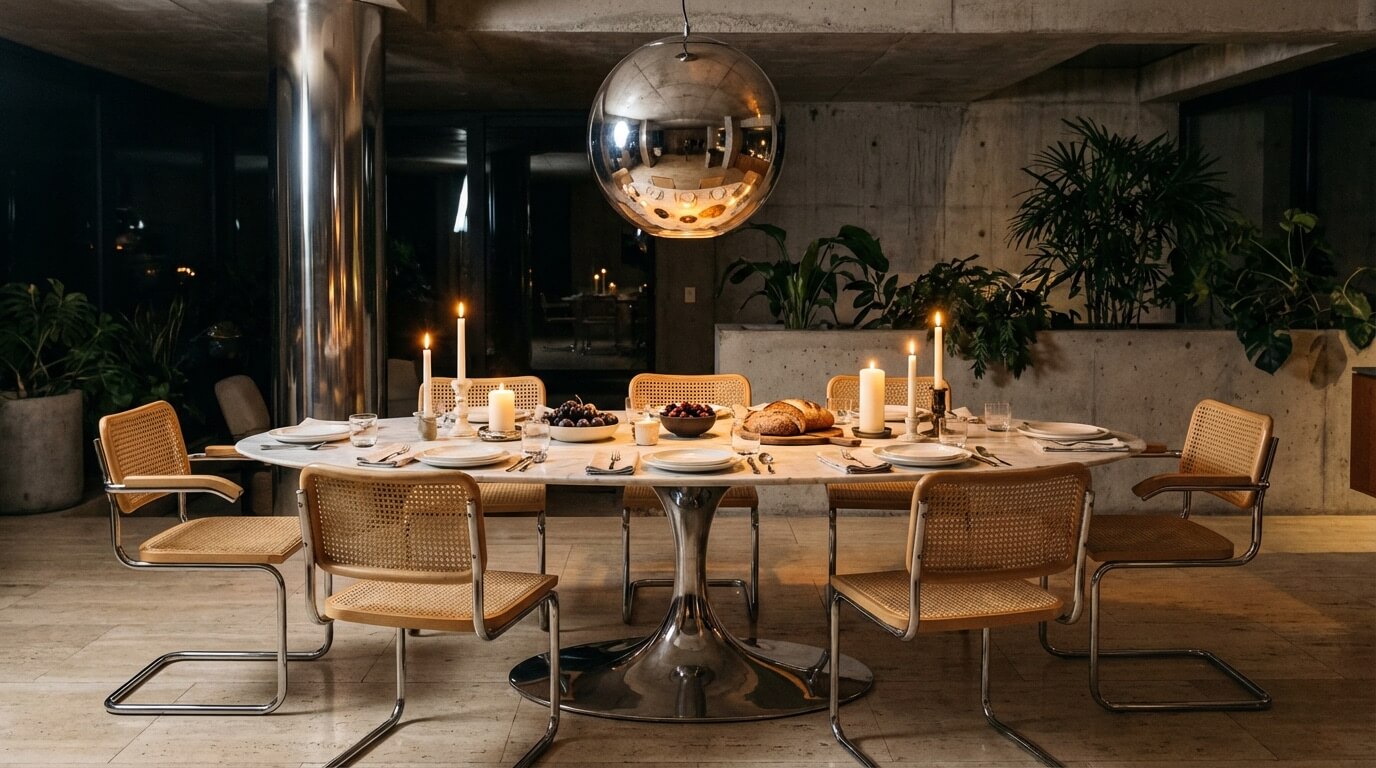 Dining room with marble table and chrome Cesca chairs