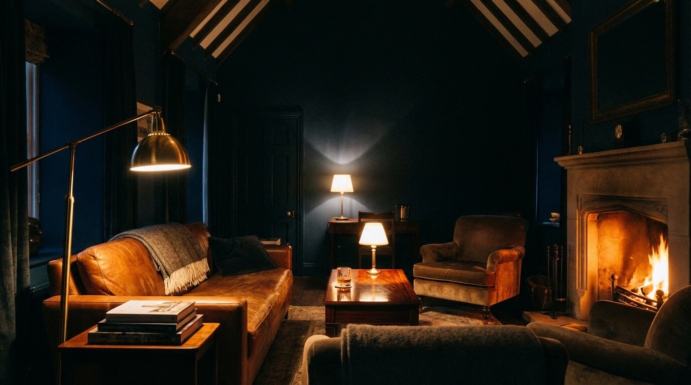 Low-lux living room with dramatic pools of light from floor lamps