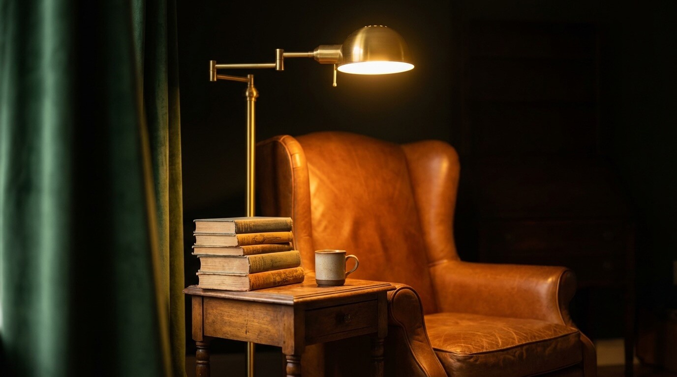 Intimate reading corner with single lamp creating warm pool of light