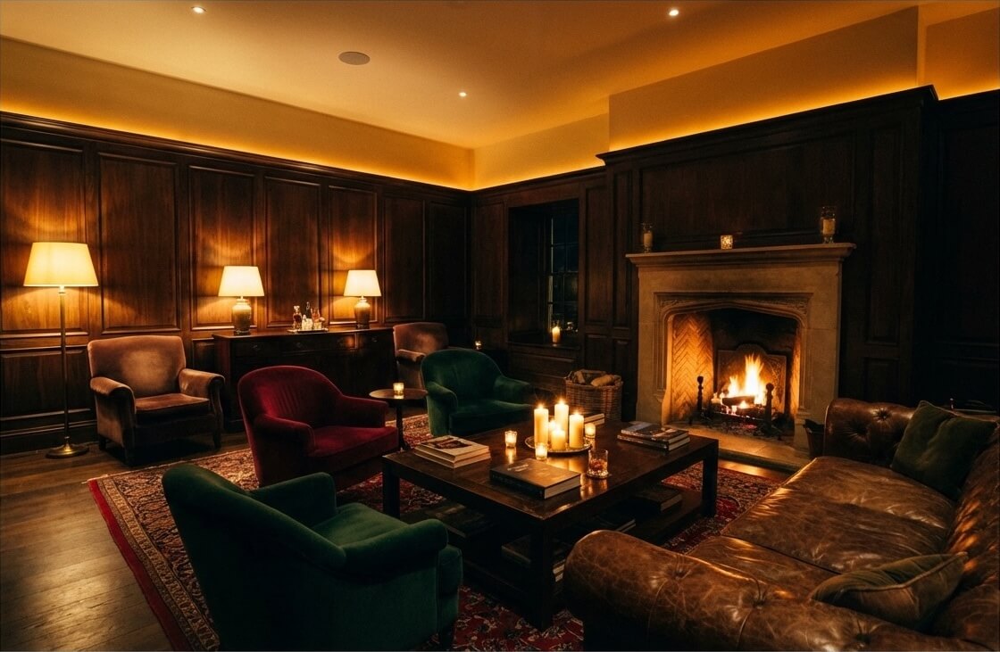 Low-lux lounge with layered warm light sources and dark material palette