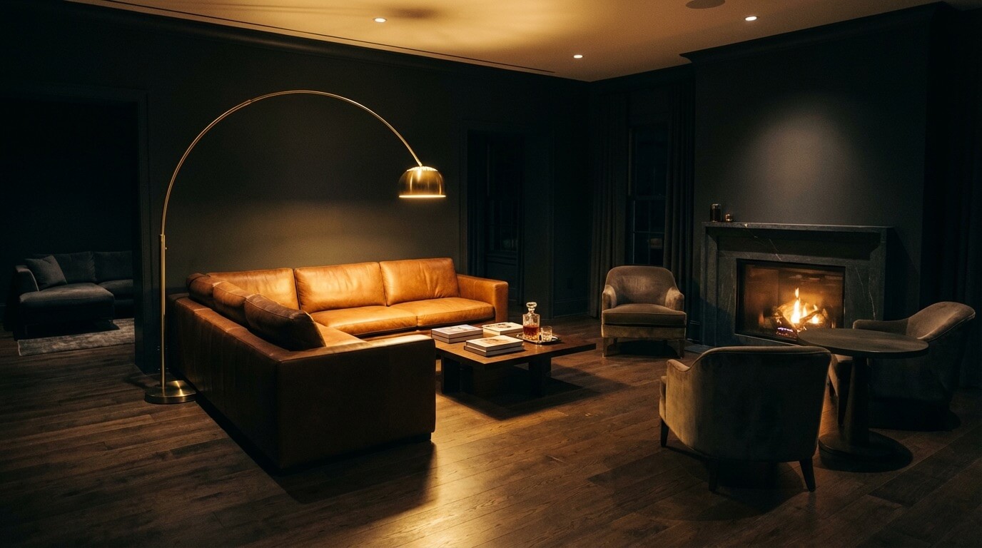 Low-lux living room with multiple seating areas and varied light sources