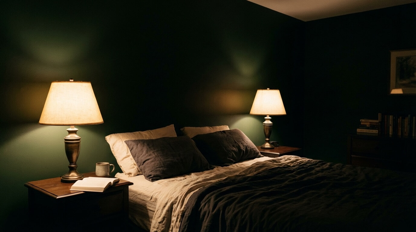 Atmospheric bedroom with bedside lamps as only light source