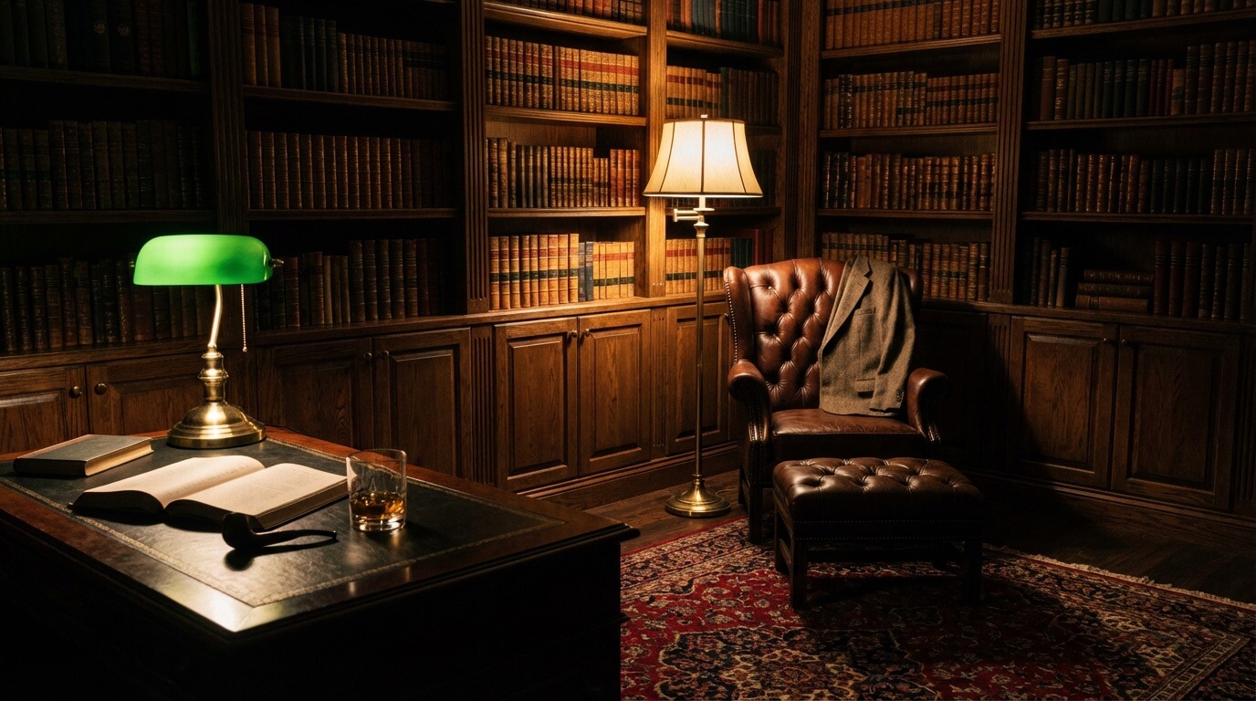 Study with dramatic desk lamp illumination and shadowed bookshelves