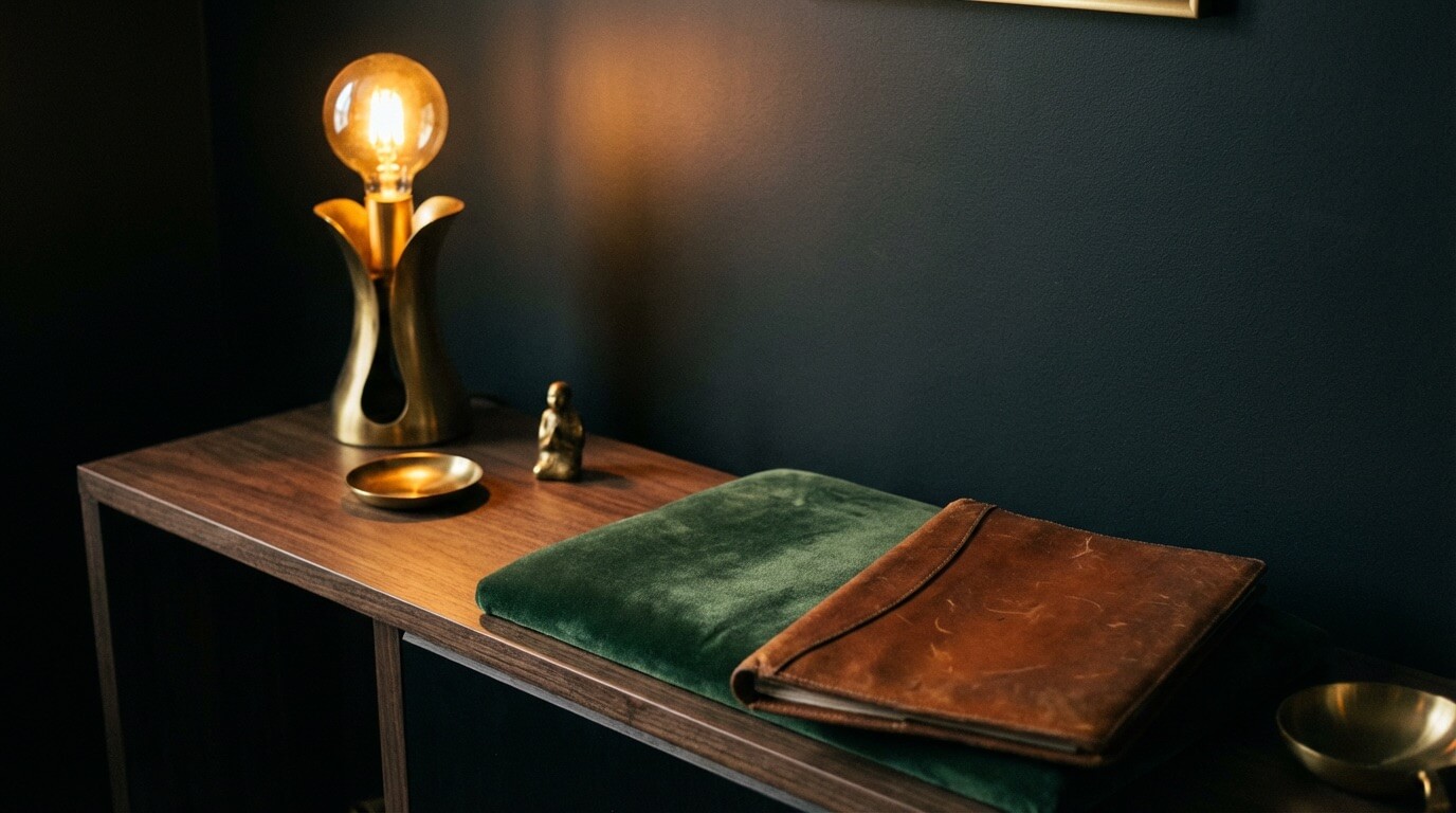 Material palette for low-lux interiors - dark woods, velvet, brass, leather