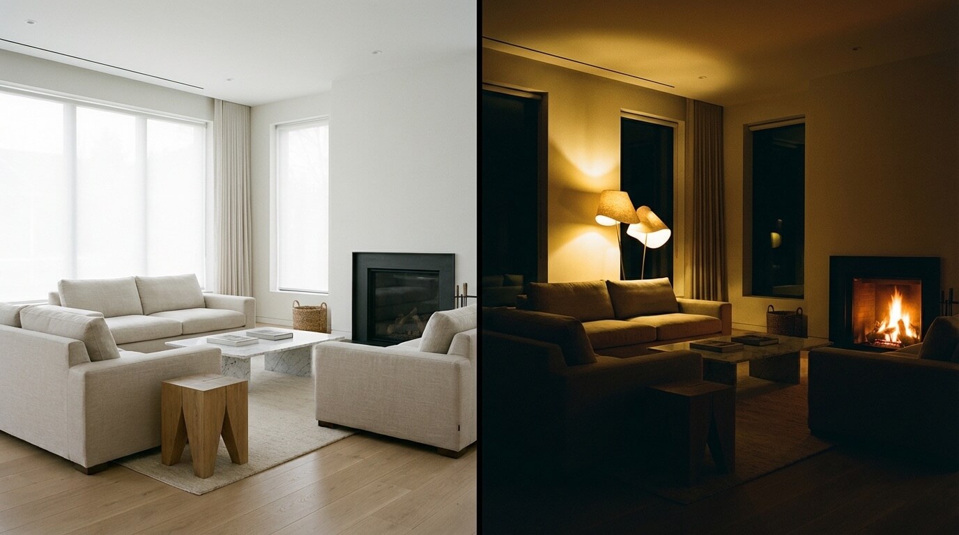 Low-lux space shown in both daylight and evening rendering for comparison
