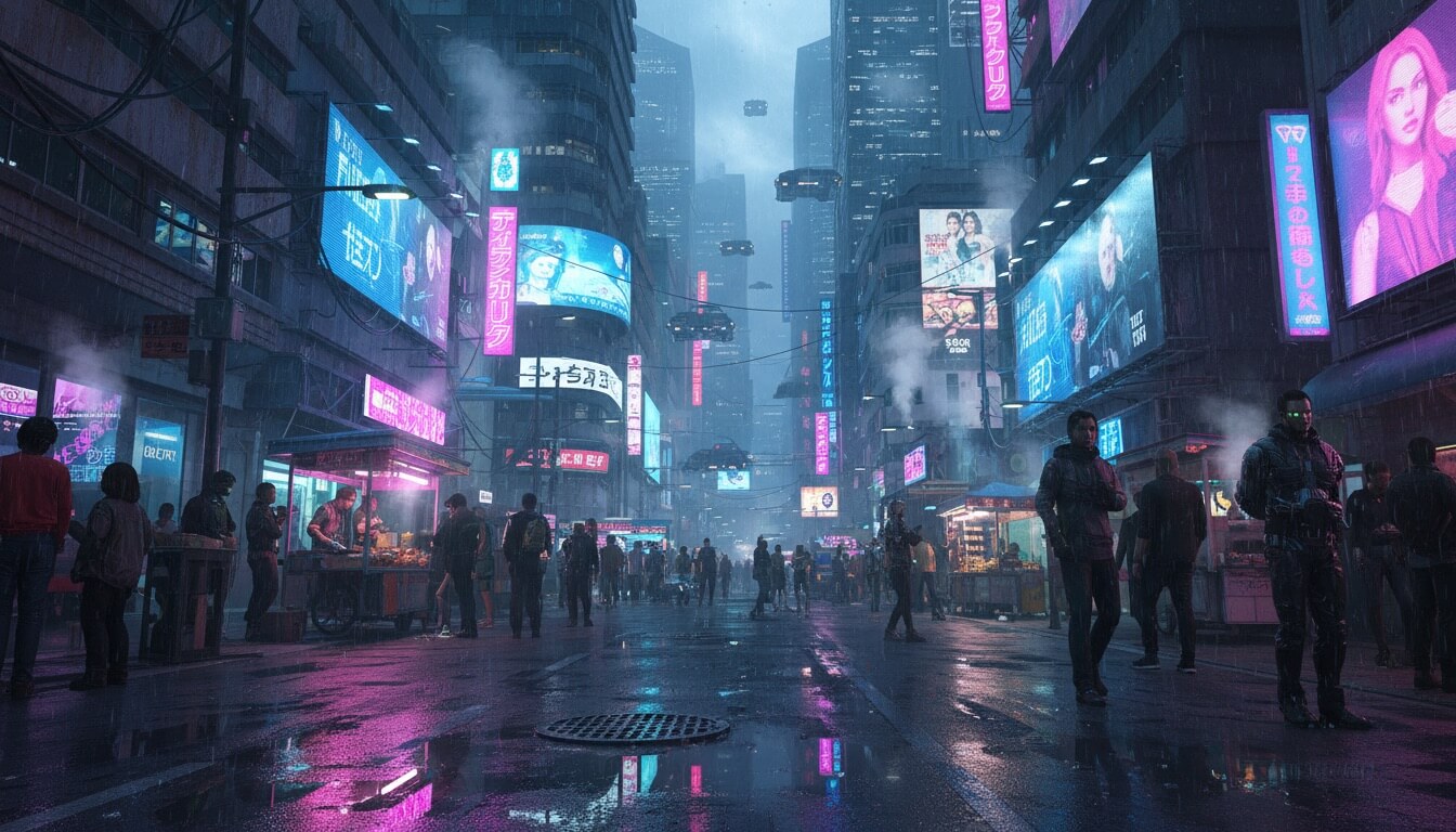 Cyberpunk city environment with neon lighting
