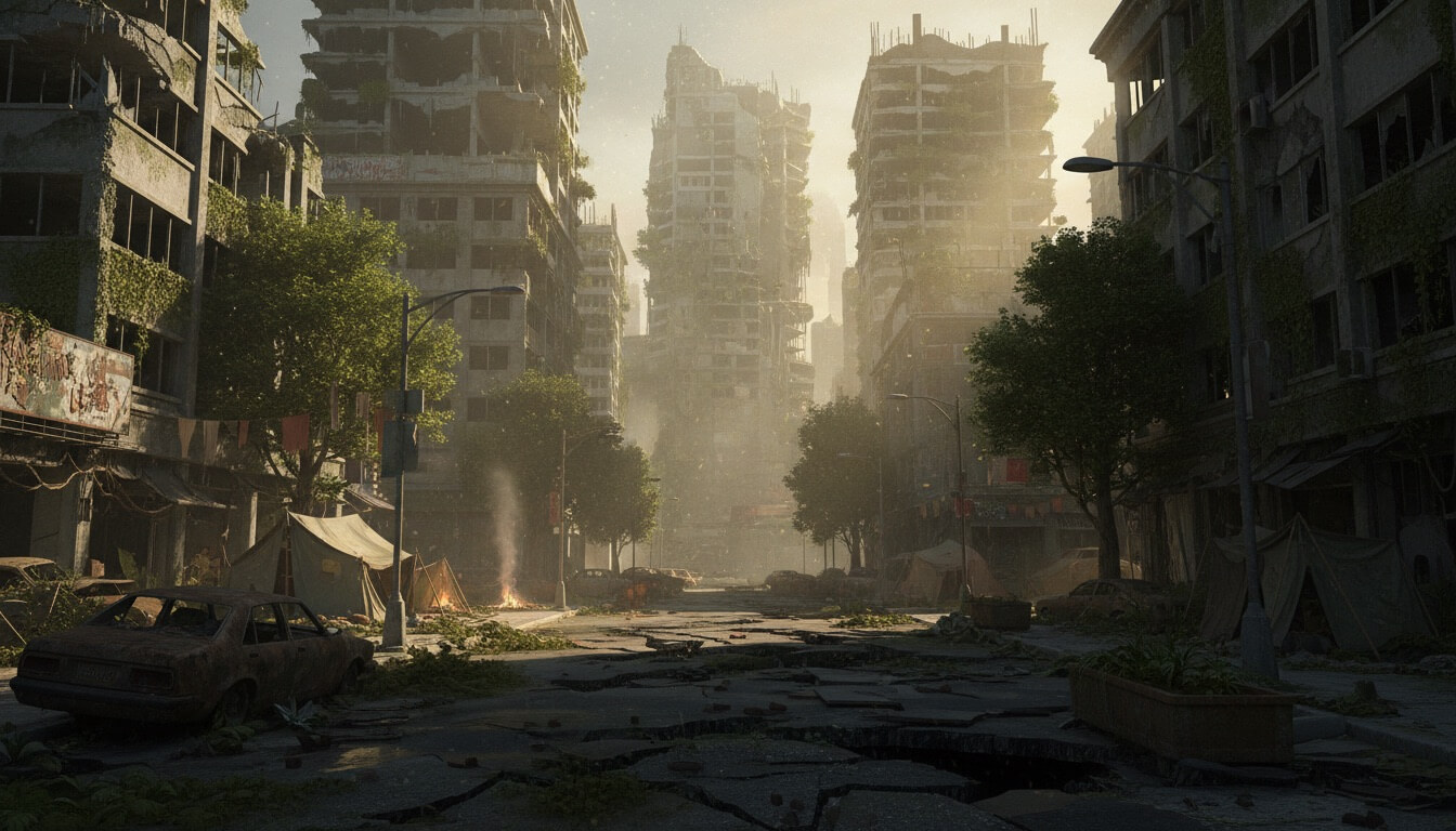 Post-apocalyptic ruins with overgrown vegetation