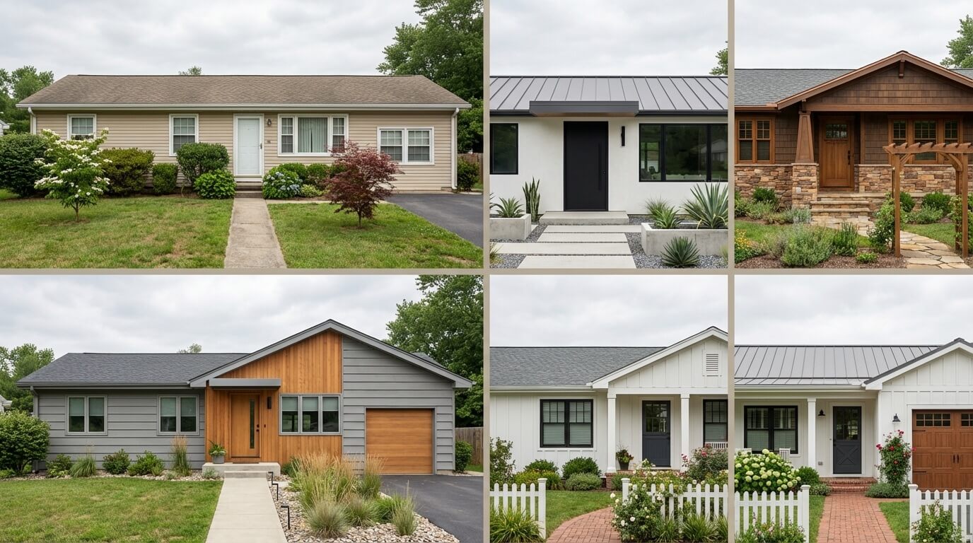 Split-screen comparison showing traditional home and multiple AI-generated style variations