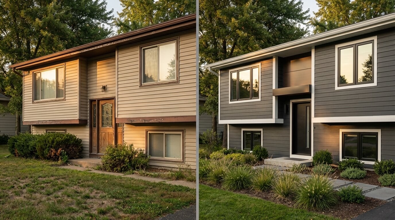 Before and after showing vinyl siding replacement with fiber cement in modern color