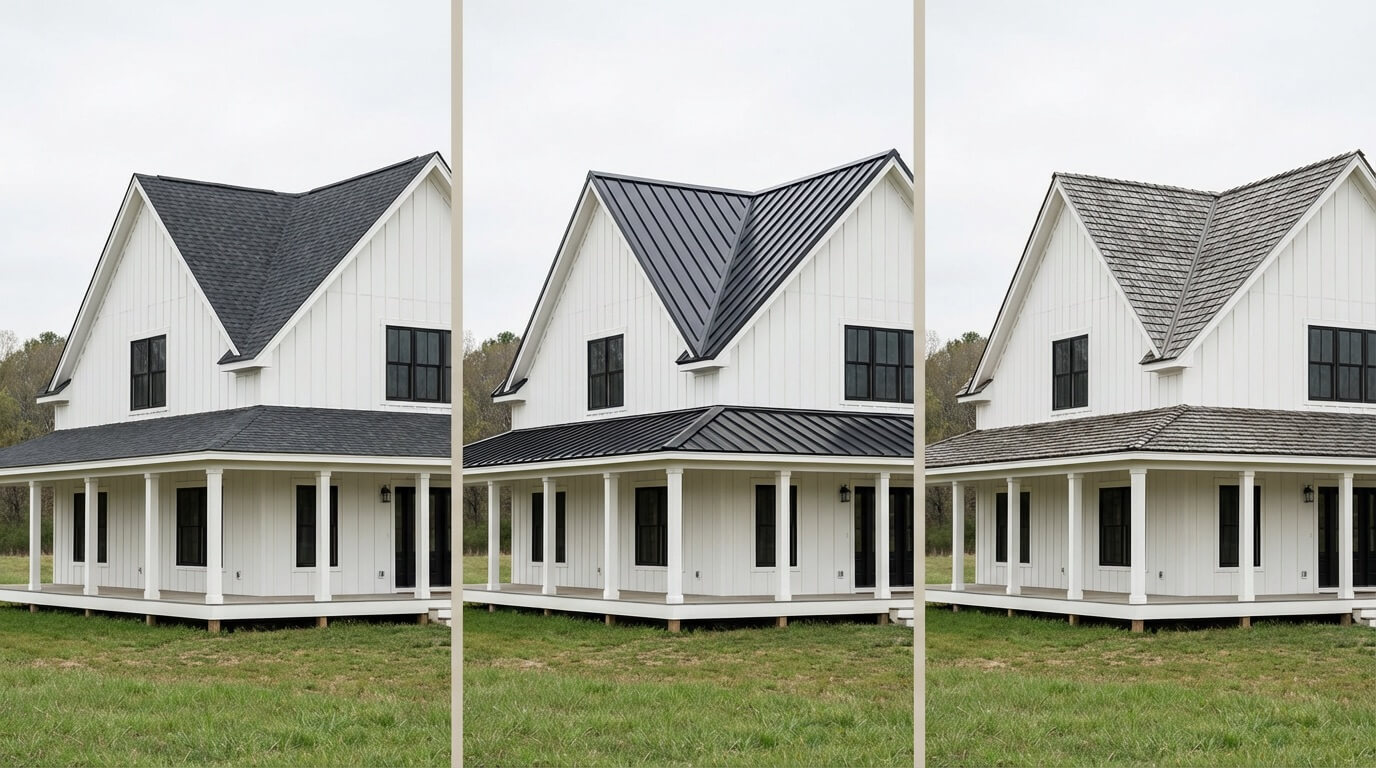 Home shown with three different roofing options side by side