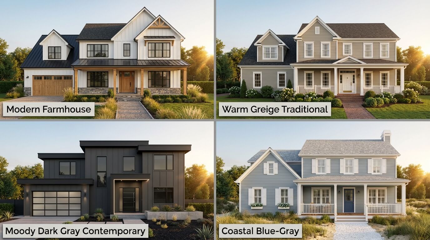 Four home exteriors showing different color scheme approaches