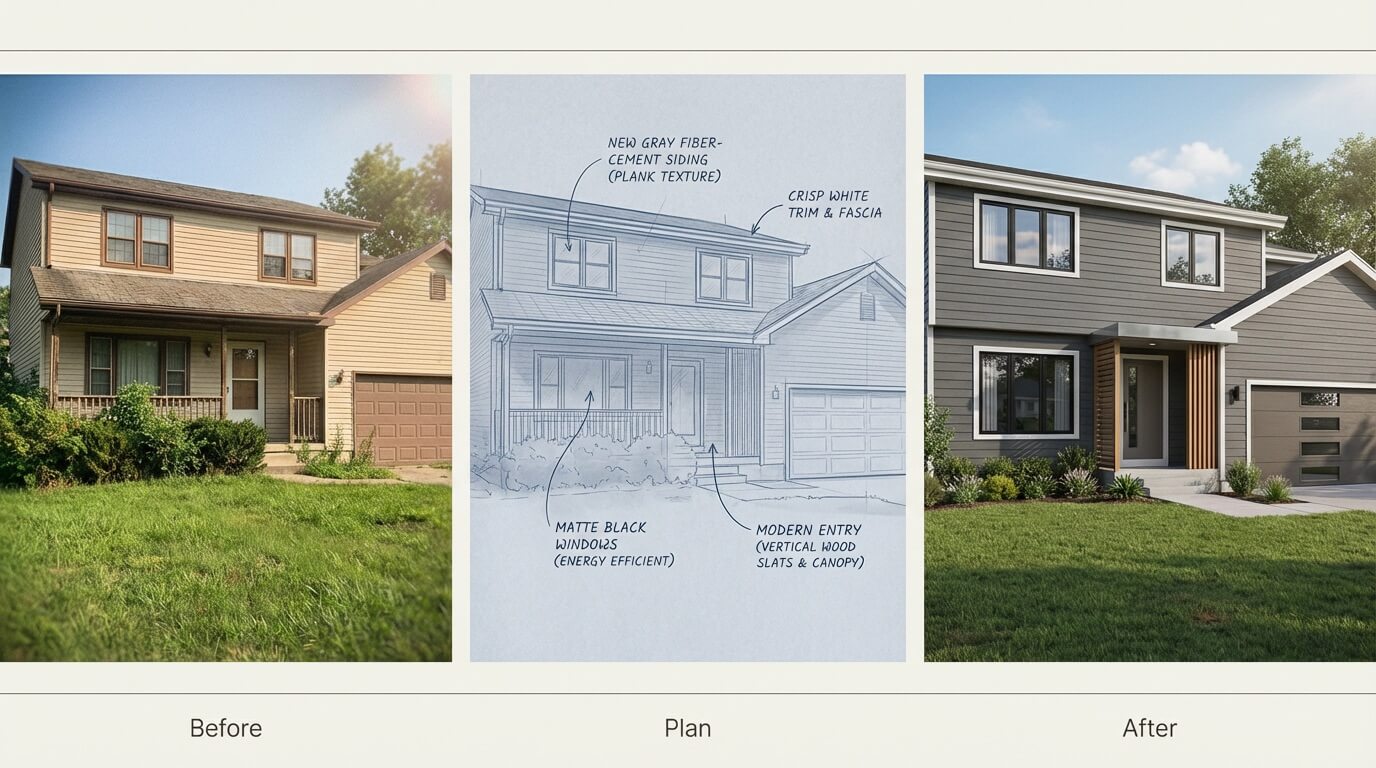 Process showing original photo transformed through AI into design concept