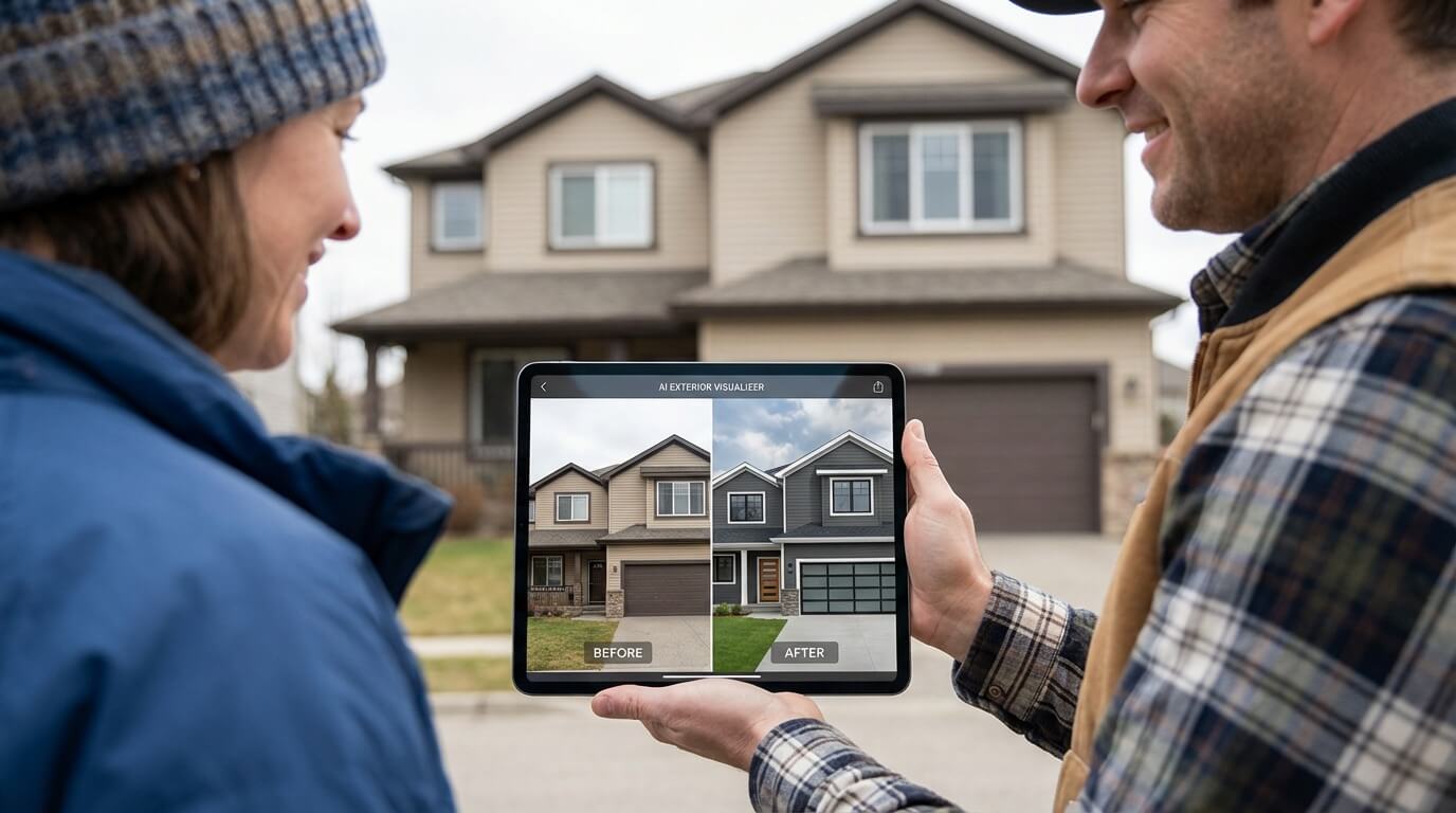 Homeowner reviewing AI visualizations with contractor on tablet