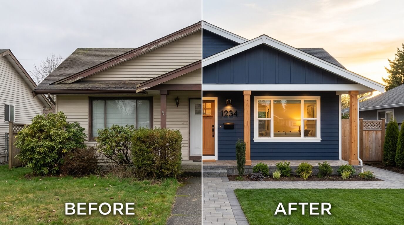 Before and after comparison of a suburban home transformation from beige to modern navy blue
