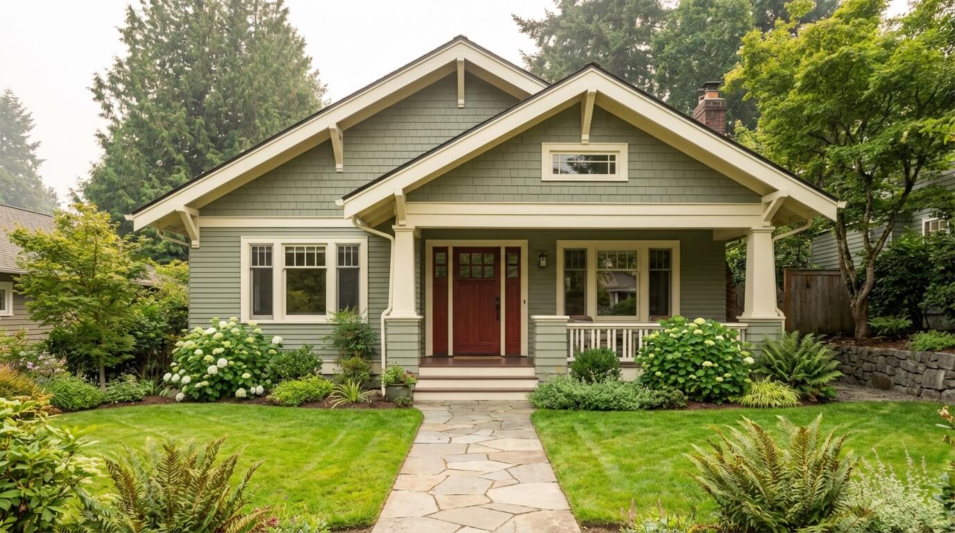 Triptych showing three different color schemes for the same craftsman style home