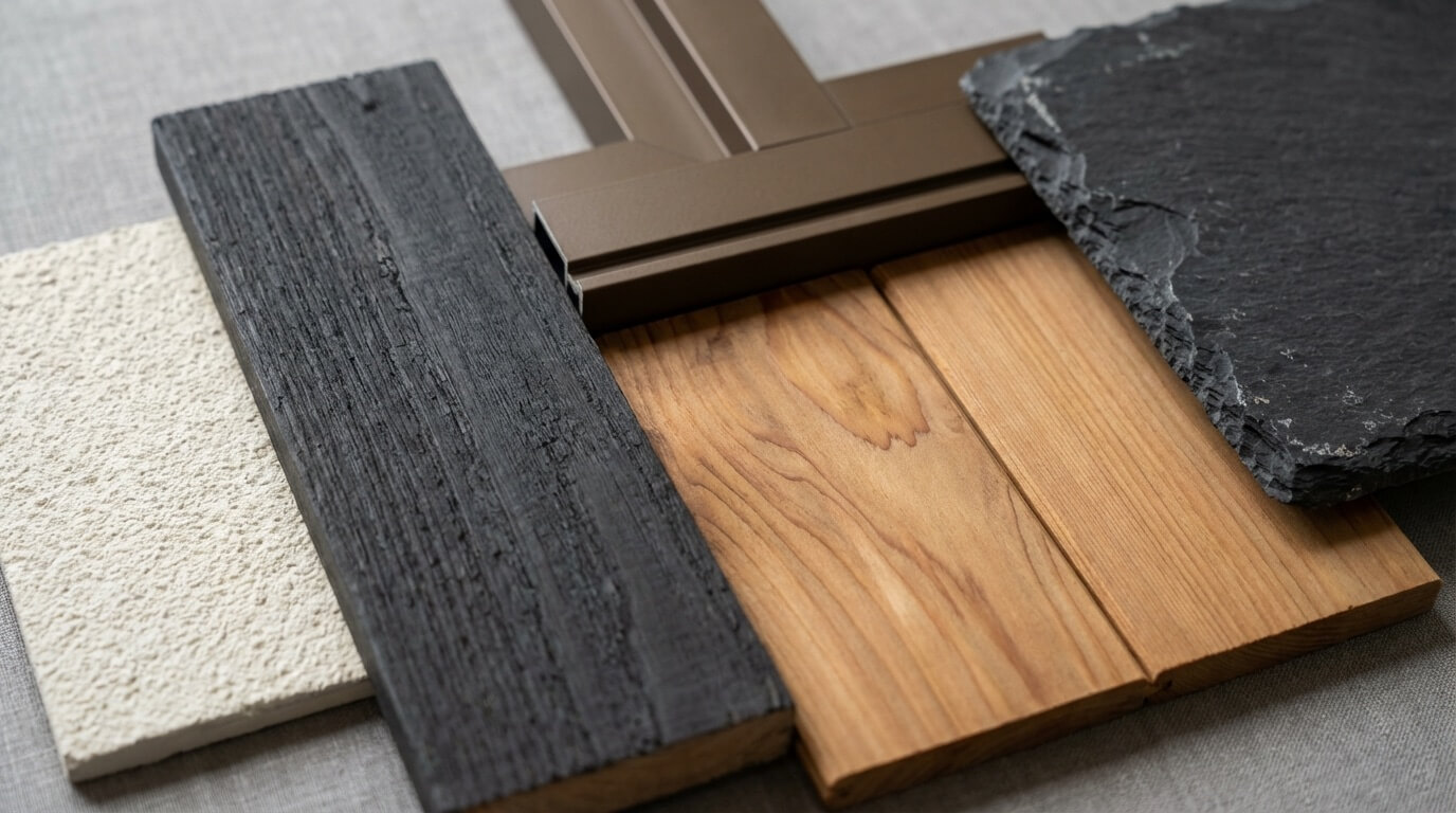 Collage of trending exterior materials and colors including warm woods and dark siding