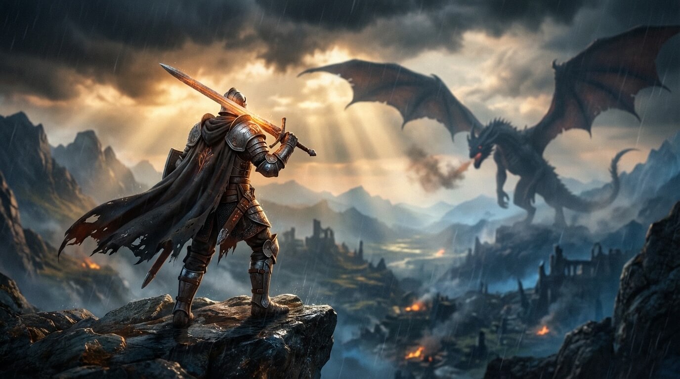 Epic game marketing hero art with dramatic lighting