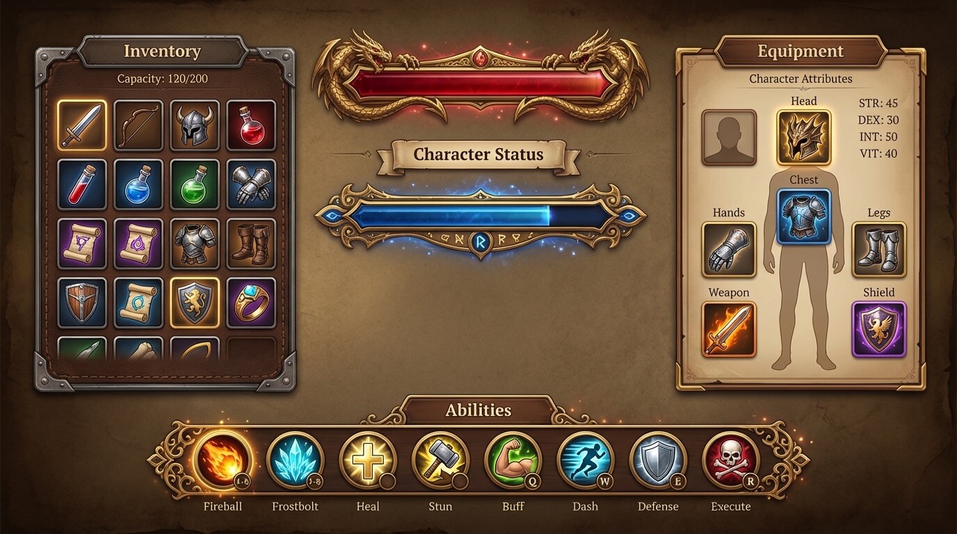 Fantasy RPG game UI showing health bars, inventory, and menu elements